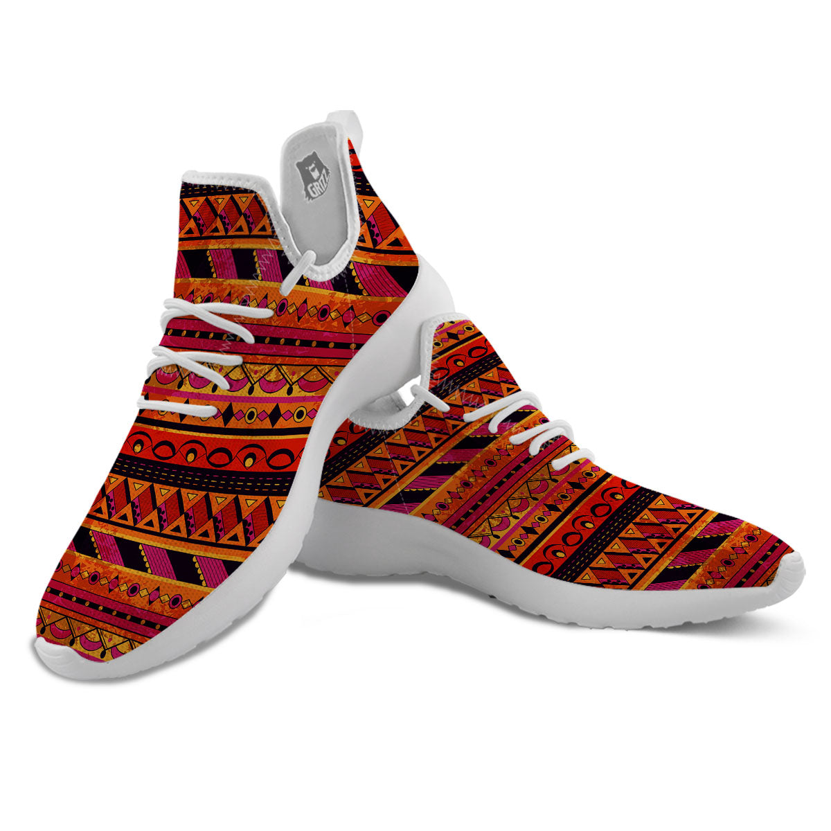 African Dashiki Black And Orange Print White Athletic Shoes-grizzshop