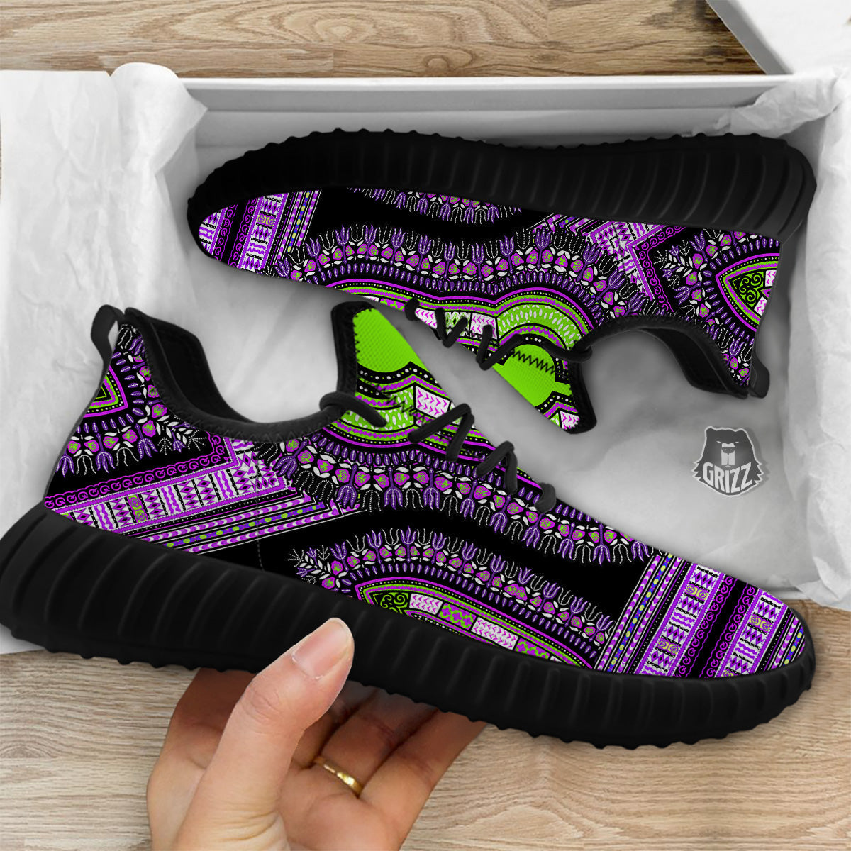 African Dashiki Purple And Black Print Black Walking Shoes-grizzshop