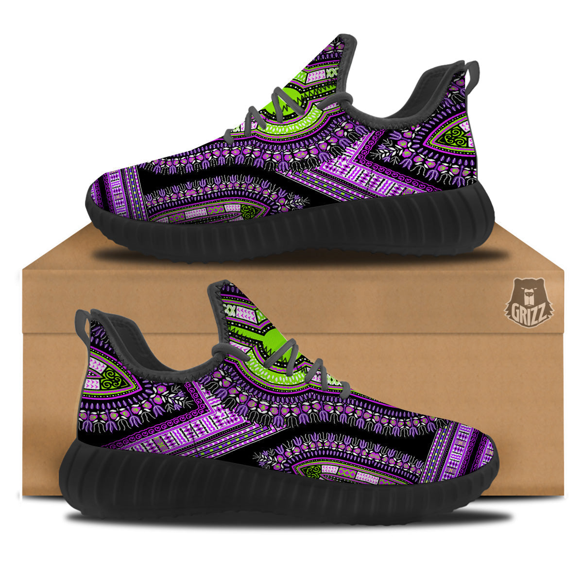 African Dashiki Purple And Black Print Black Walking Shoes-grizzshop