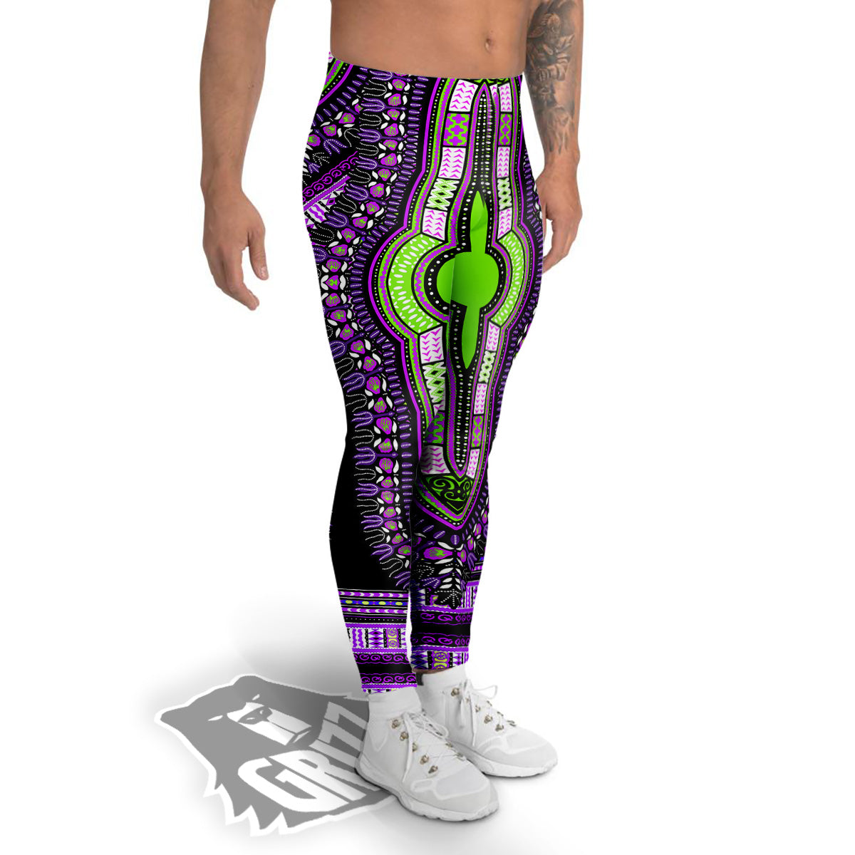 African Dashiki Purple And Black Print Men's Leggings-grizzshop