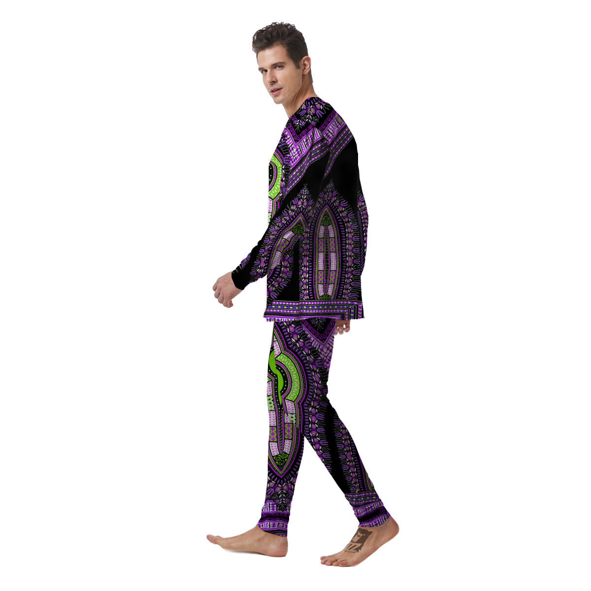 African Dashiki Purple And Black Print Men's Pajamas-grizzshop