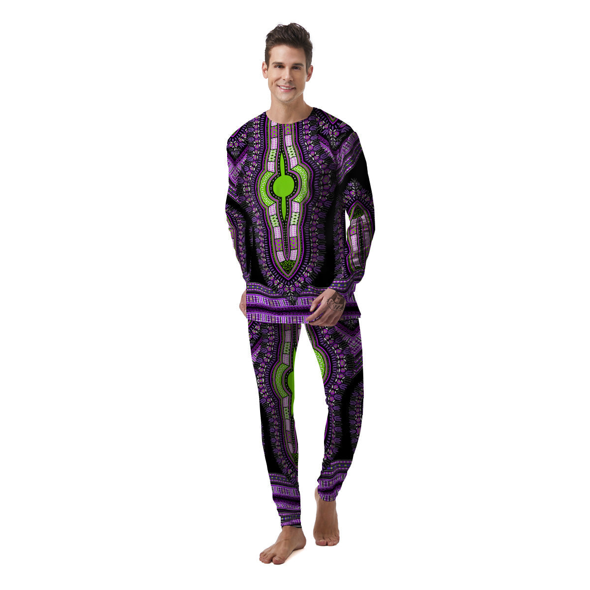 African Dashiki Purple And Black Print Men's Pajamas-grizzshop