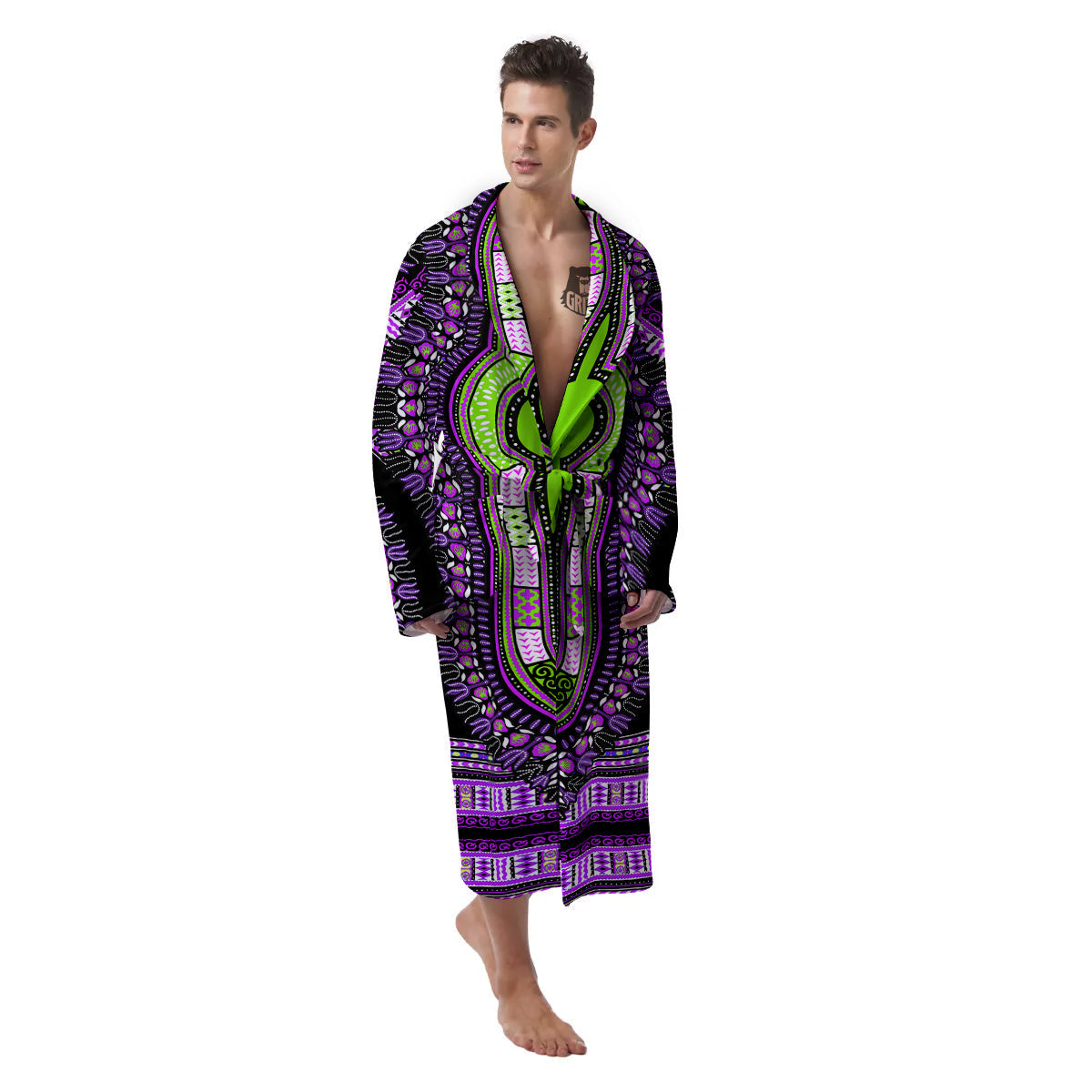 African Dashiki Purple And Black Print Men's Robe-grizzshop