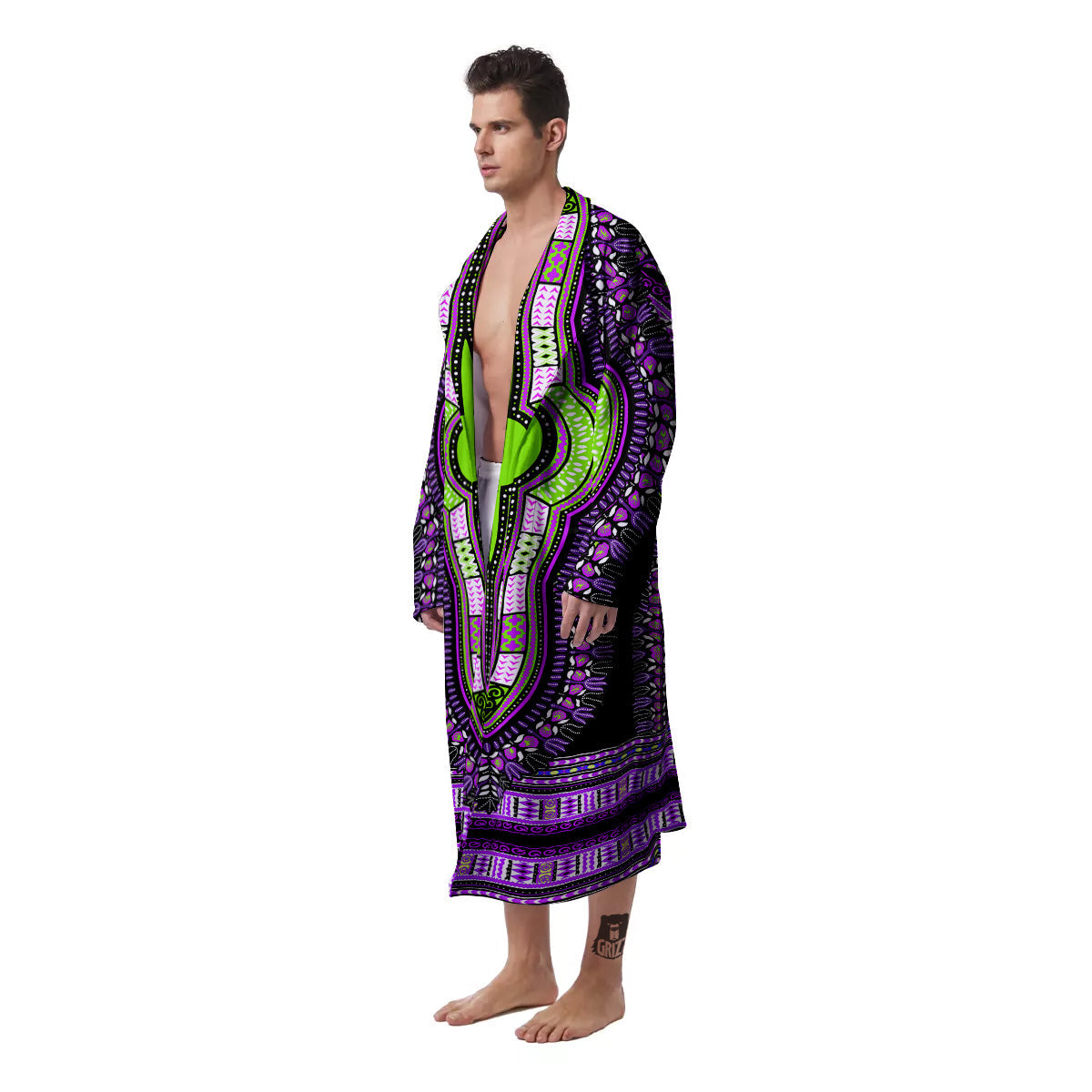 African Dashiki Purple And Black Print Men's Robe-grizzshop