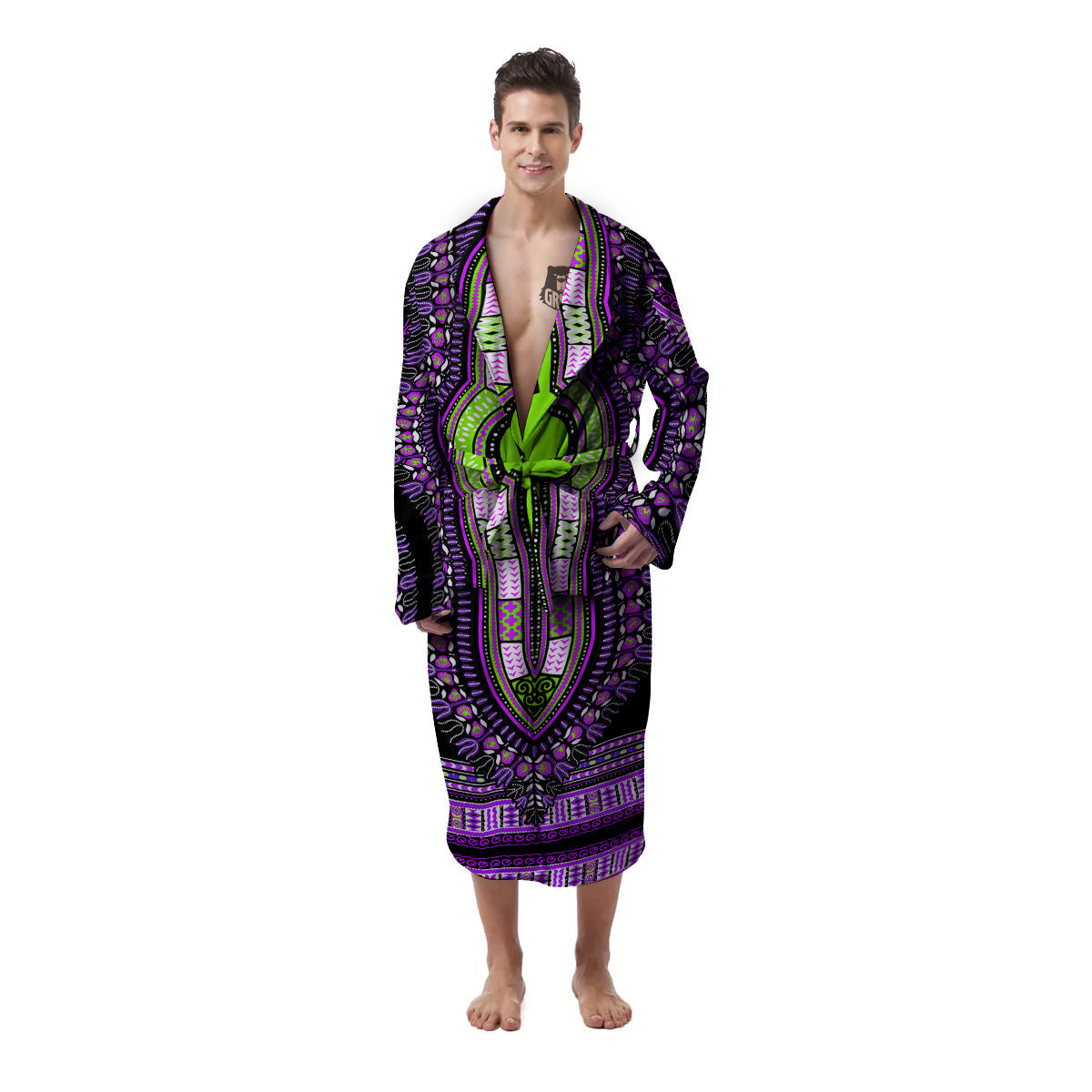 African Dashiki Purple And Black Print Men's Robe-grizzshop