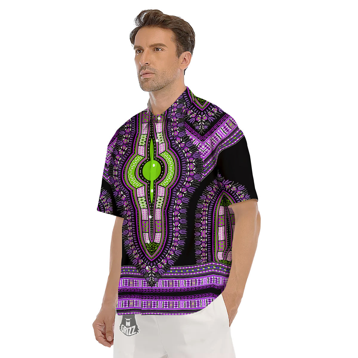 African Dashiki Purple And Black Print Men's Short Sleeve Shirts-grizzshop