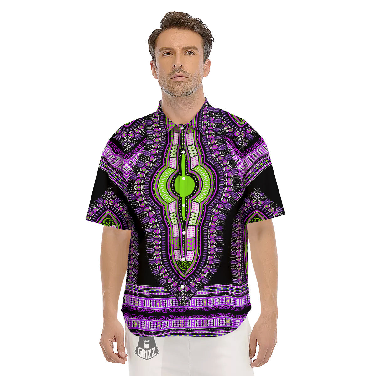 African Dashiki Purple And Black Print Men's Short Sleeve Shirts-grizzshop