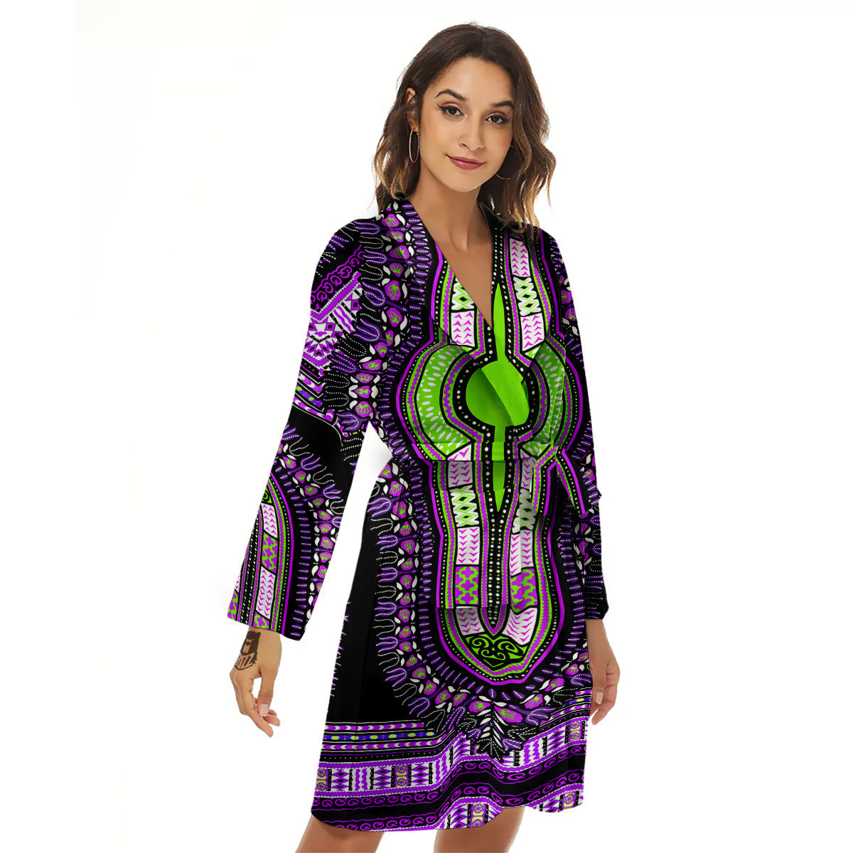 African Dashiki Purple And Black Print Women's Robe-grizzshop