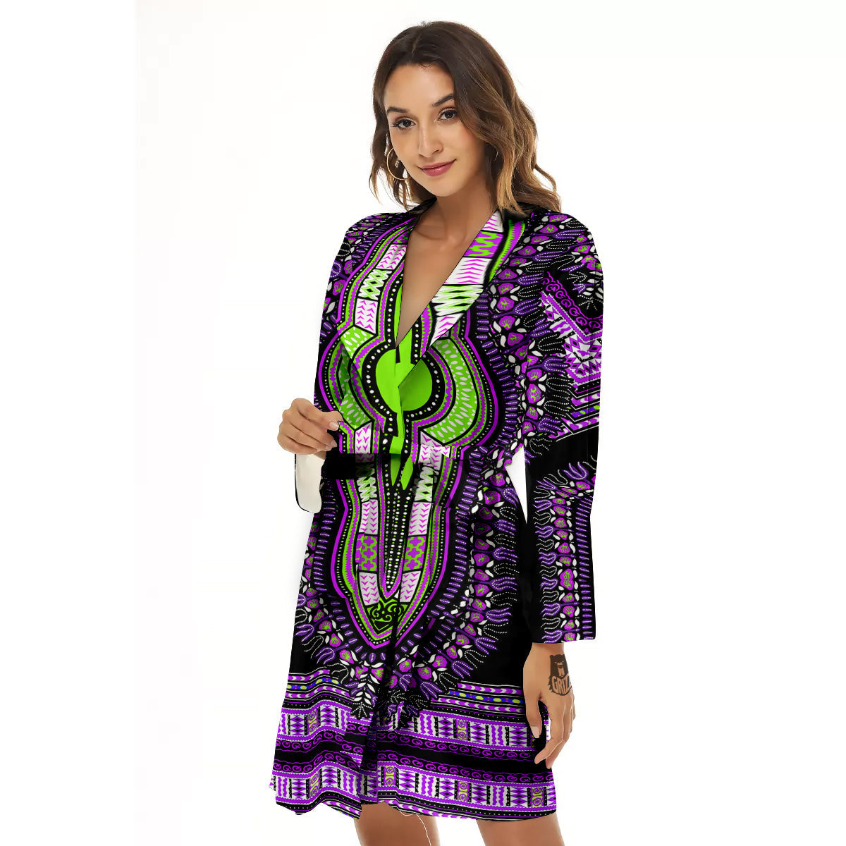 African Dashiki Purple And Black Print Women's Robe-grizzshop