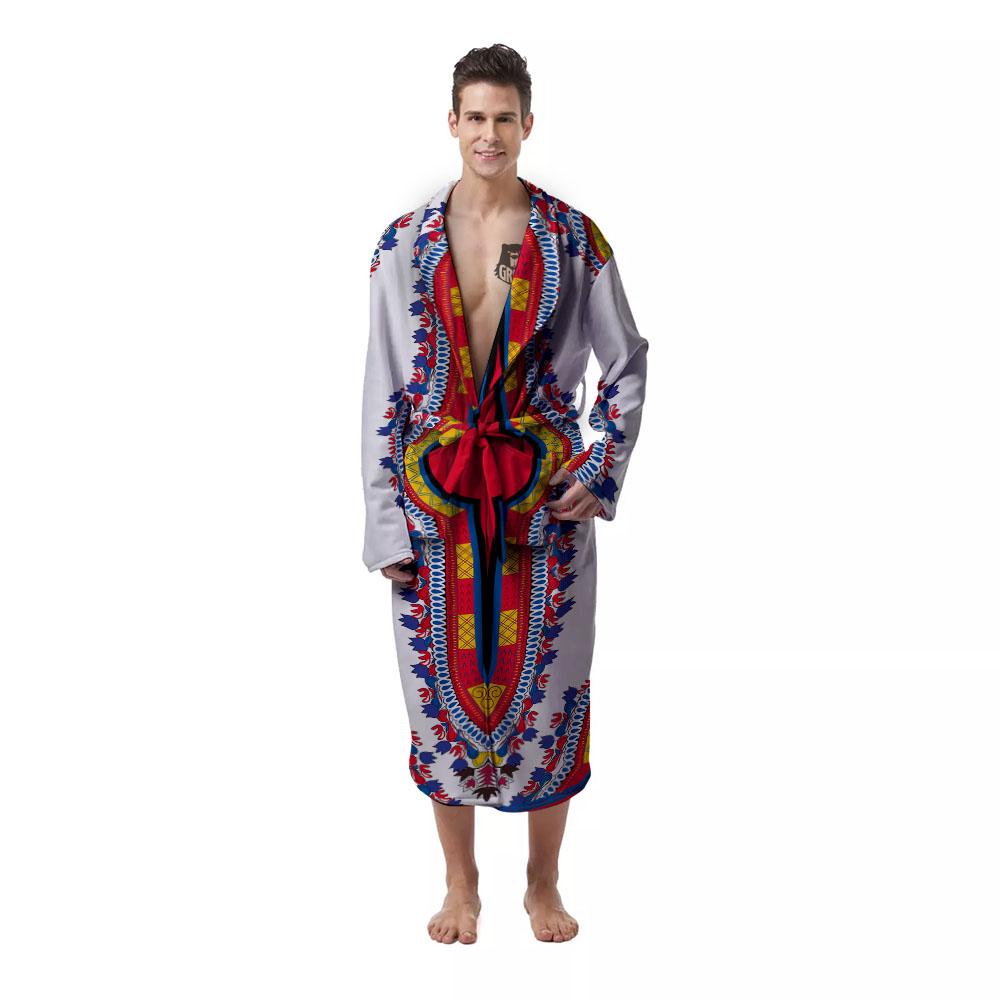 African Dashiki White And Red Print Men's Robe-grizzshop