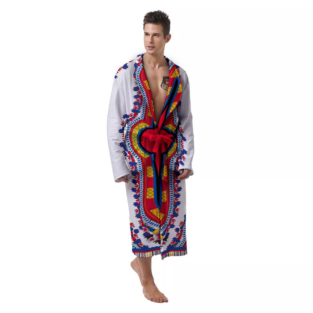 African Dashiki White And Red Print Men's Robe-grizzshop