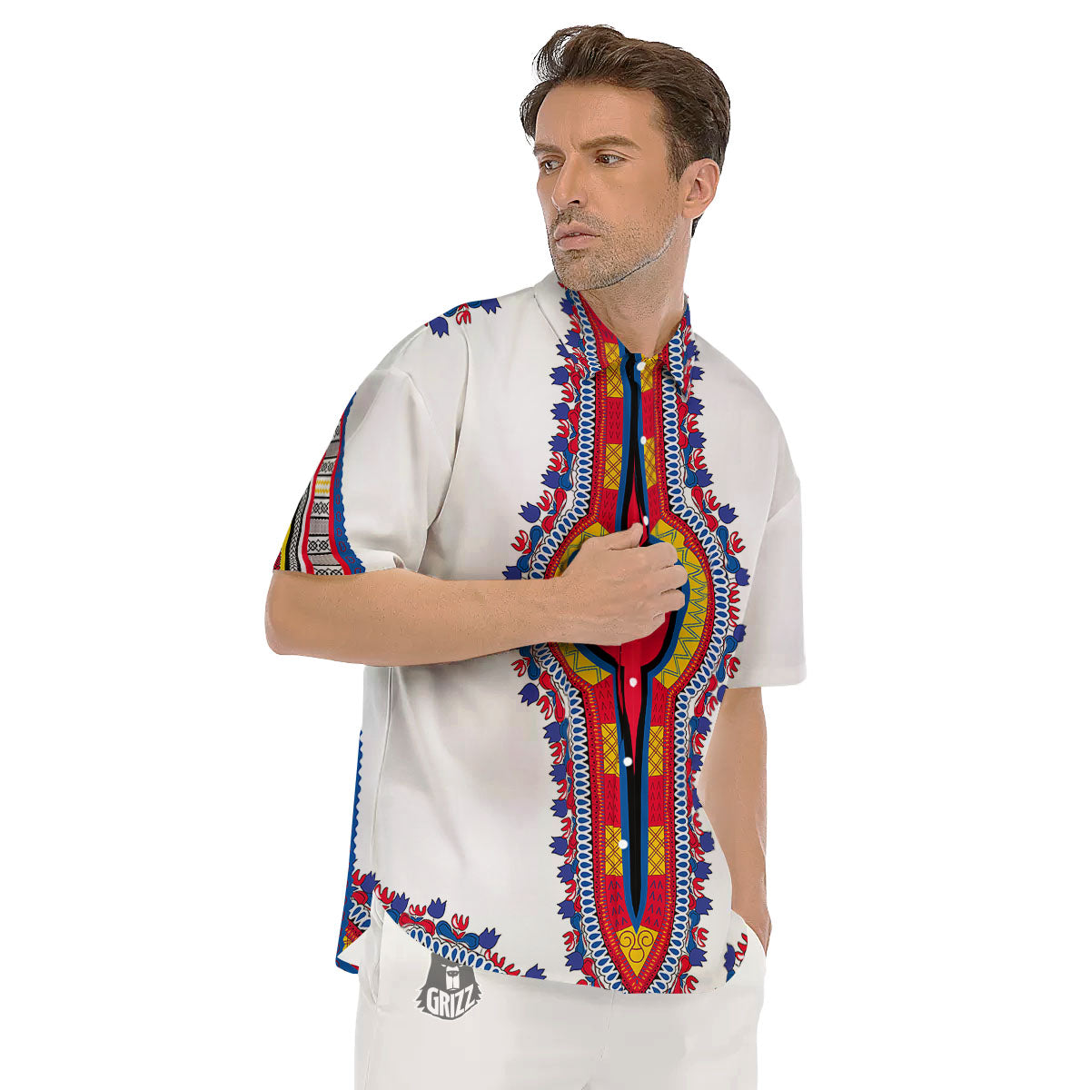 African Dashiki White And Red Print Men's Short Sleeve Shirts-grizzshop