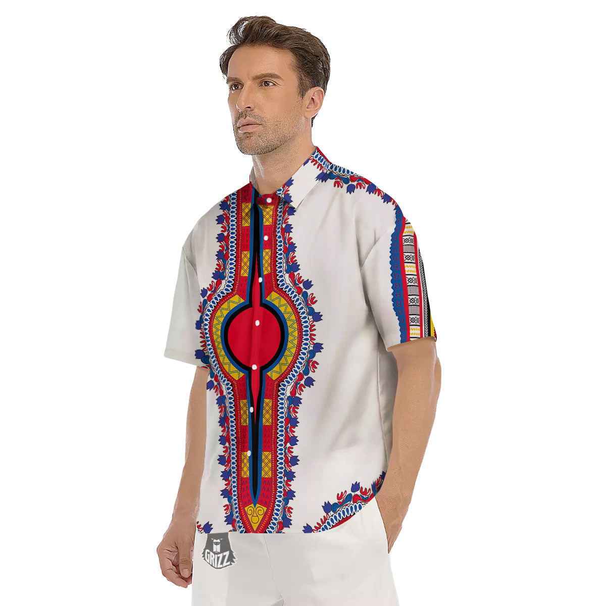 African Dashiki White And Red Print Men's Short Sleeve Shirts-grizzshop