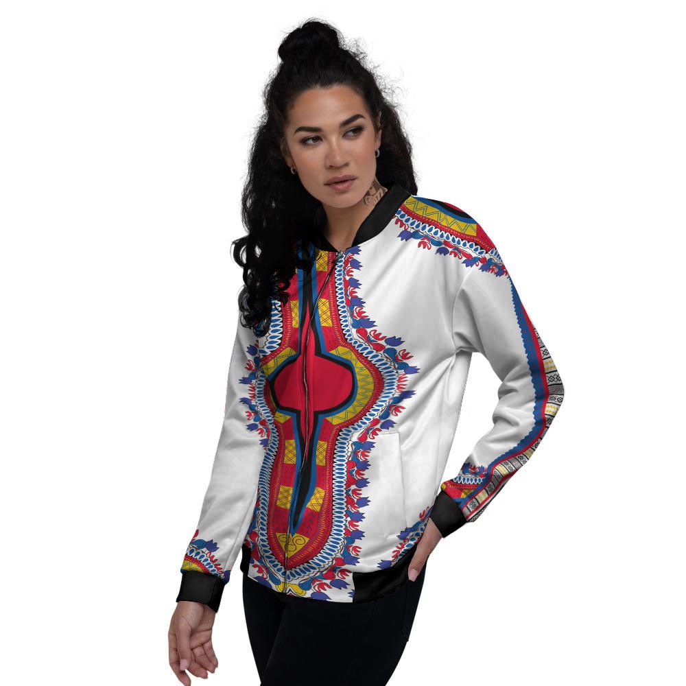 African Dashiki White And Red Print Women's Bomber Jacket-grizzshop