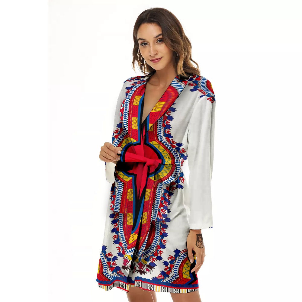 African Dashiki White And Red Print Women's Robe-grizzshop