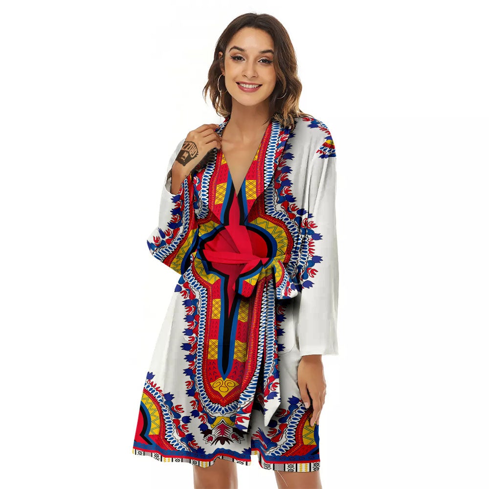 African Dashiki White And Red Print Women's Robe-grizzshop