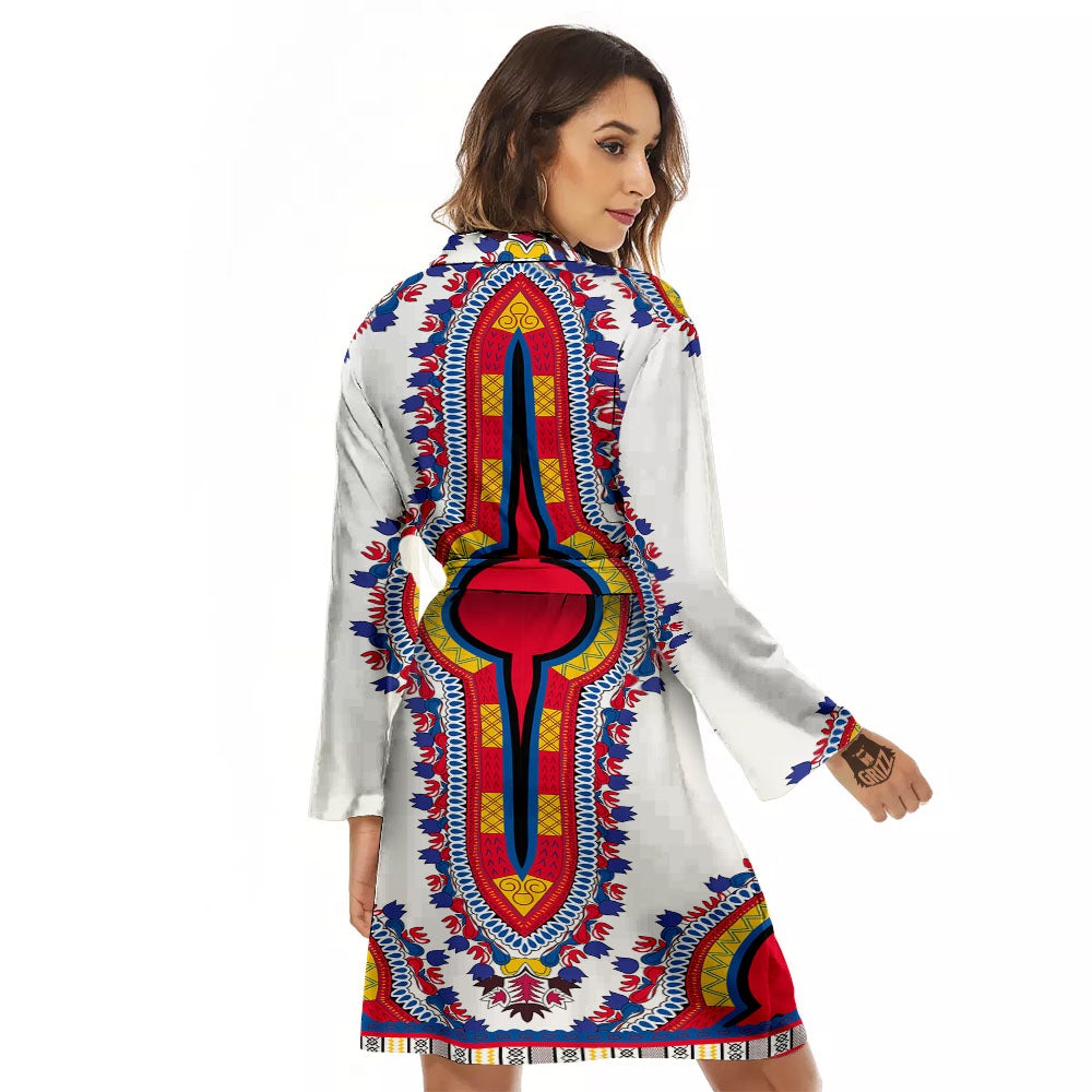 African Dashiki White And Red Print Women's Robe-grizzshop