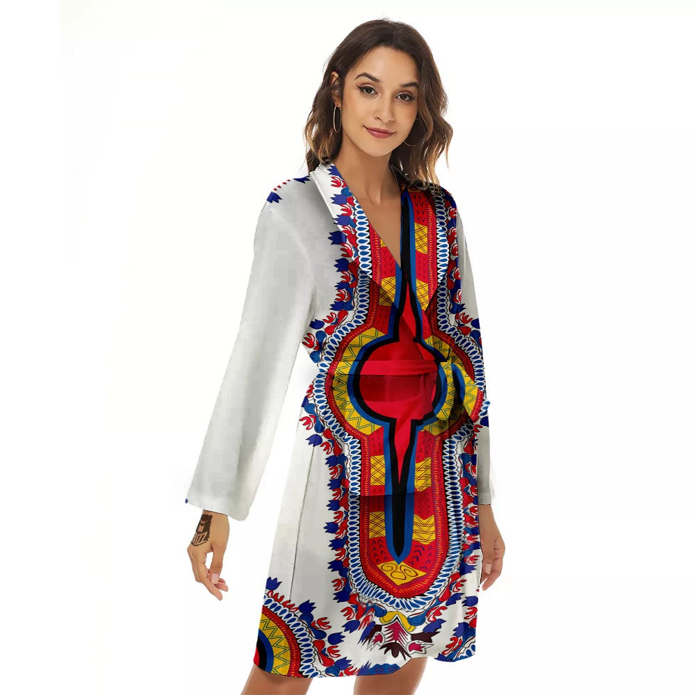 African Dashiki White And Red Print Women's Robe-grizzshop