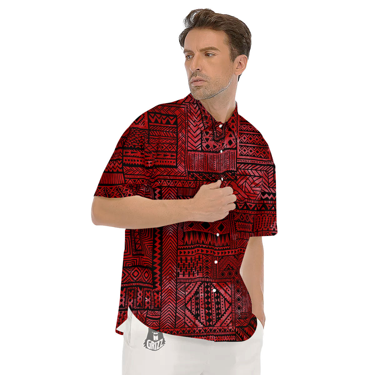 African Ethnic Black And Red Print Men's Short Sleeve Shirts-grizzshop