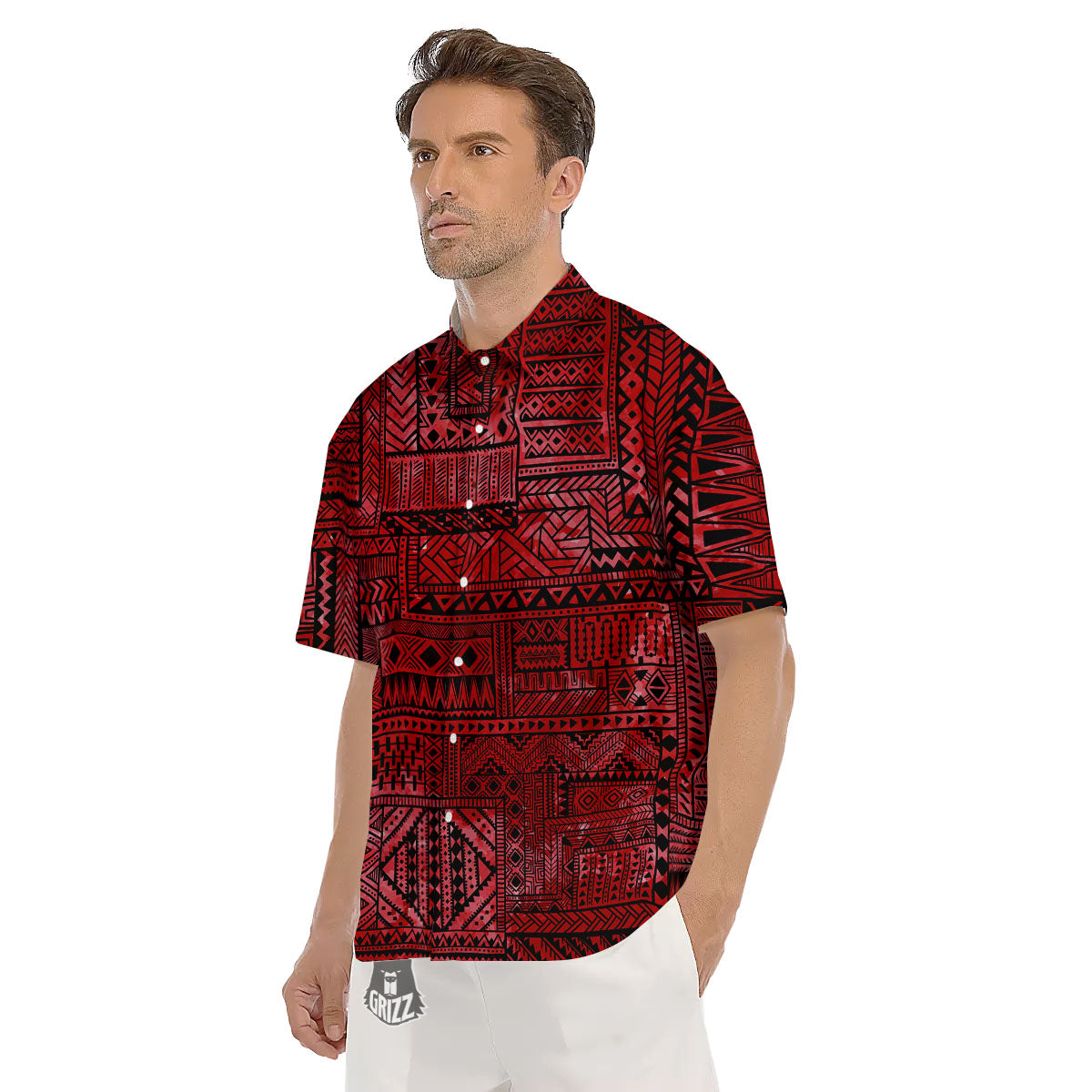 African Ethnic Black And Red Print Men's Short Sleeve Shirts-grizzshop