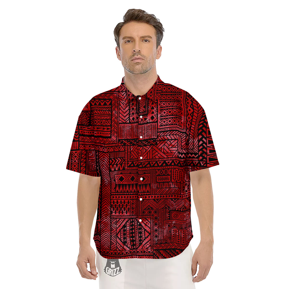 African Ethnic Black And Red Print Men's Short Sleeve Shirts-grizzshop