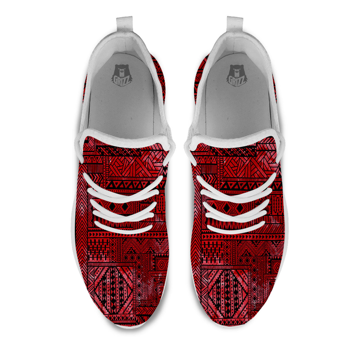 African Ethnic Black And Red Print White Athletic Shoes-grizzshop