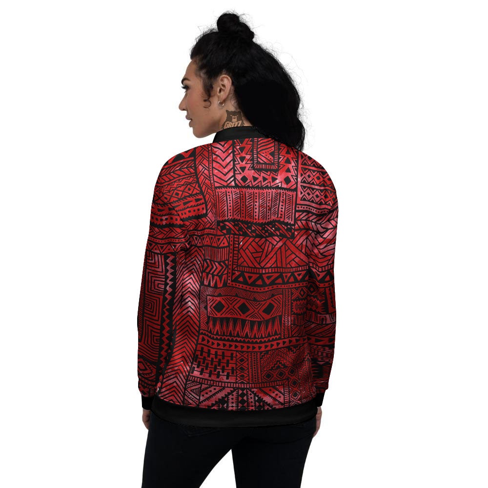 African Ethnic Black And Red Print Women's Bomber Jacket-grizzshop