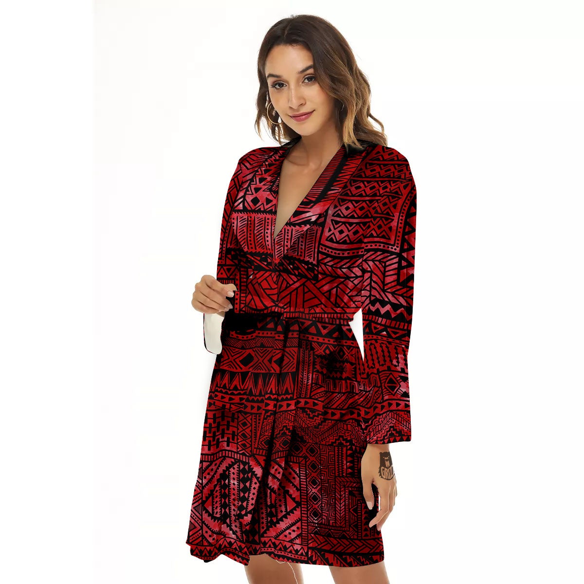 African Ethnic Black And Red Print Women's Robe-grizzshop