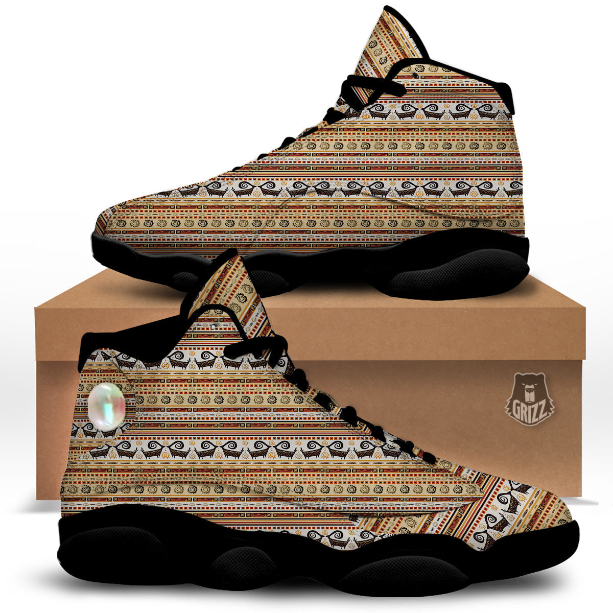African Ethnic Brown Print Pattern Black Basketball Shoes-grizzshop