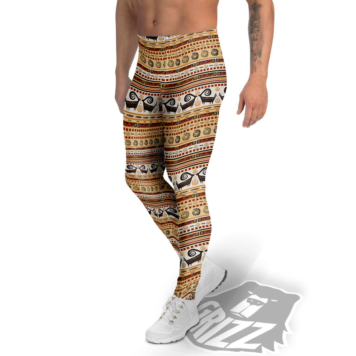 African Ethnic Brown Print Pattern Men's Leggings-grizzshop