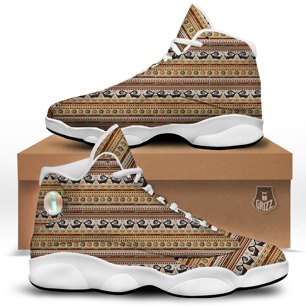 African Ethnic Brown Print Pattern White Basketball Shoes-grizzshop
