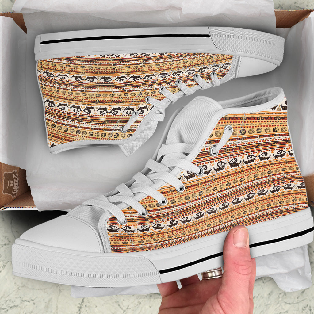 African Ethnic Brown Print Pattern White High Top Shoes-grizzshop