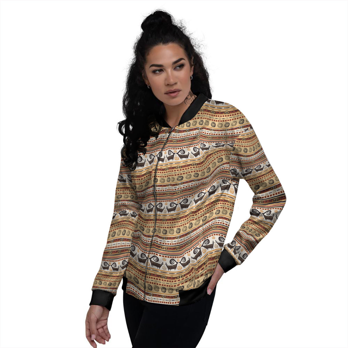 African Ethnic Brown Print Pattern Women's Bomber Jacket-grizzshop