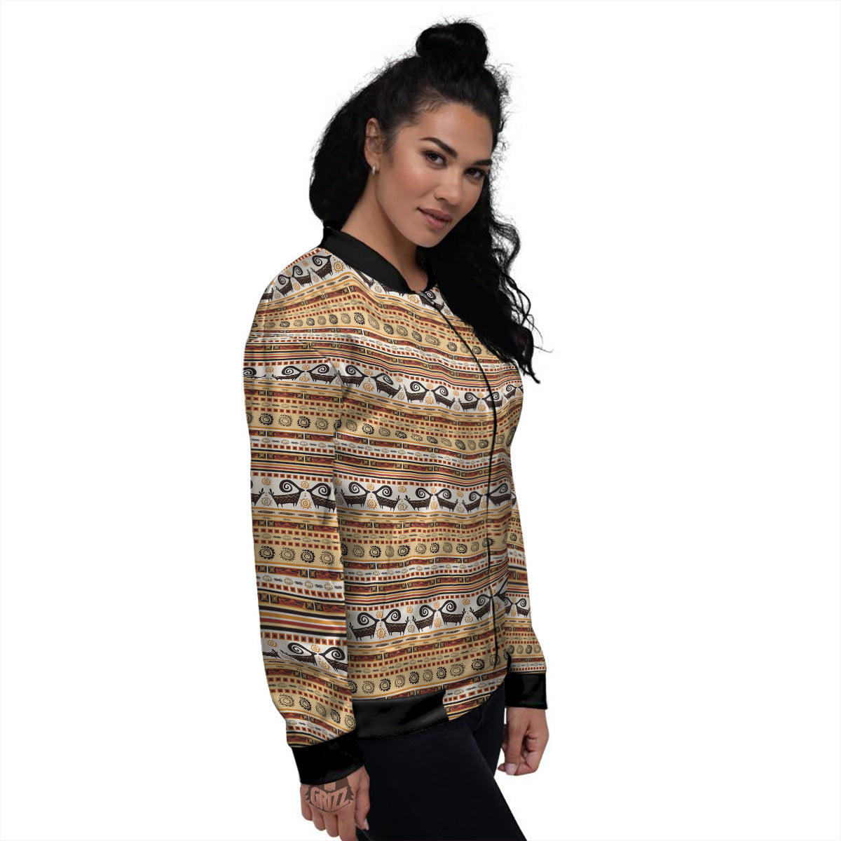 African Ethnic Brown Print Pattern Women's Bomber Jacket-grizzshop