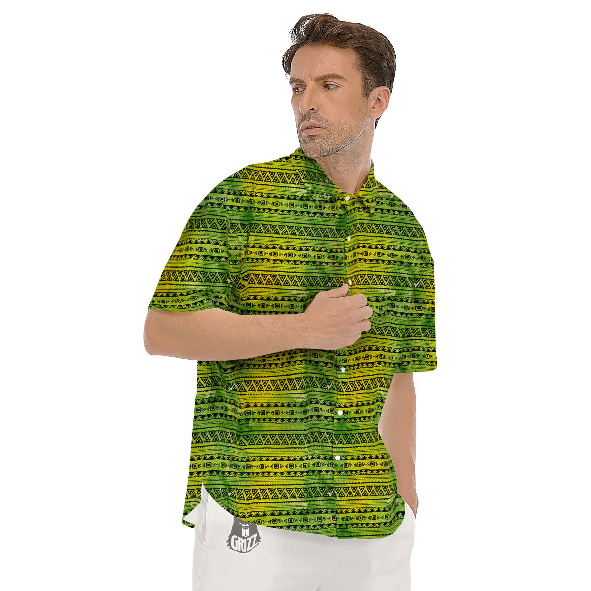 African Ethnic Green Print Men's Short Sleeve Shirts-grizzshop