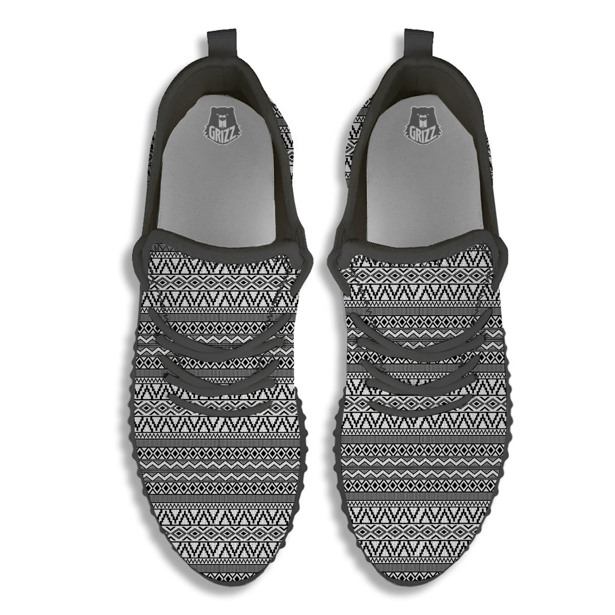 African Ethnic White And Black Print Black Walking Shoes-grizzshop