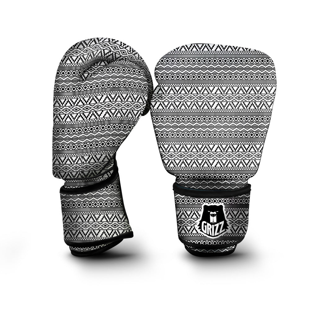 African Ethnic White And Black Print Boxing Gloves-grizzshop
