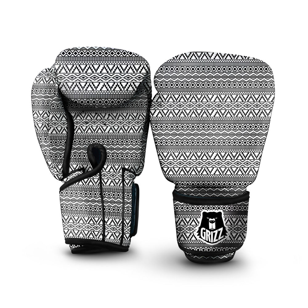 African Ethnic White And Black Print Boxing Gloves-grizzshop