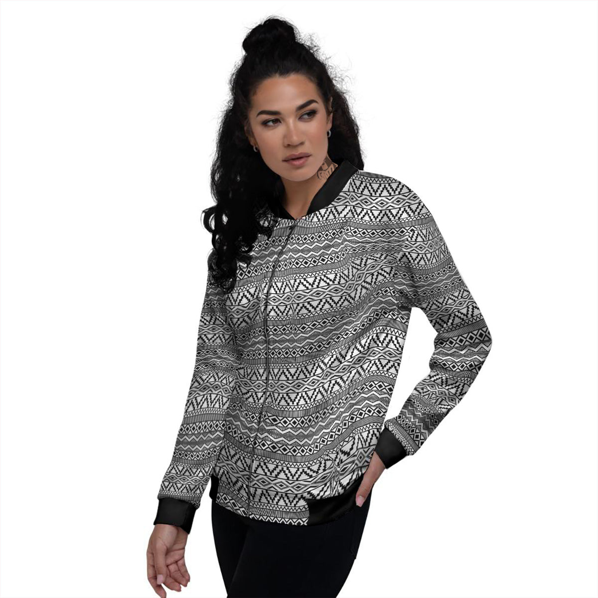 African Ethnic White And Black Print Women's Bomber Jacket-grizzshop