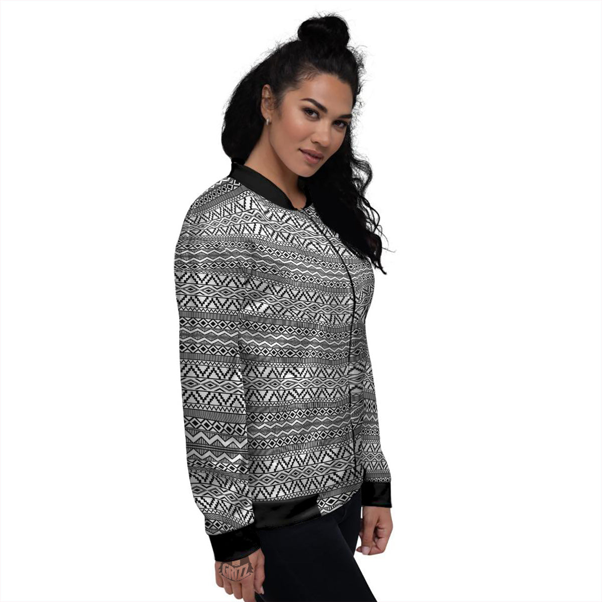 African Ethnic White And Black Print Women's Bomber Jacket-grizzshop