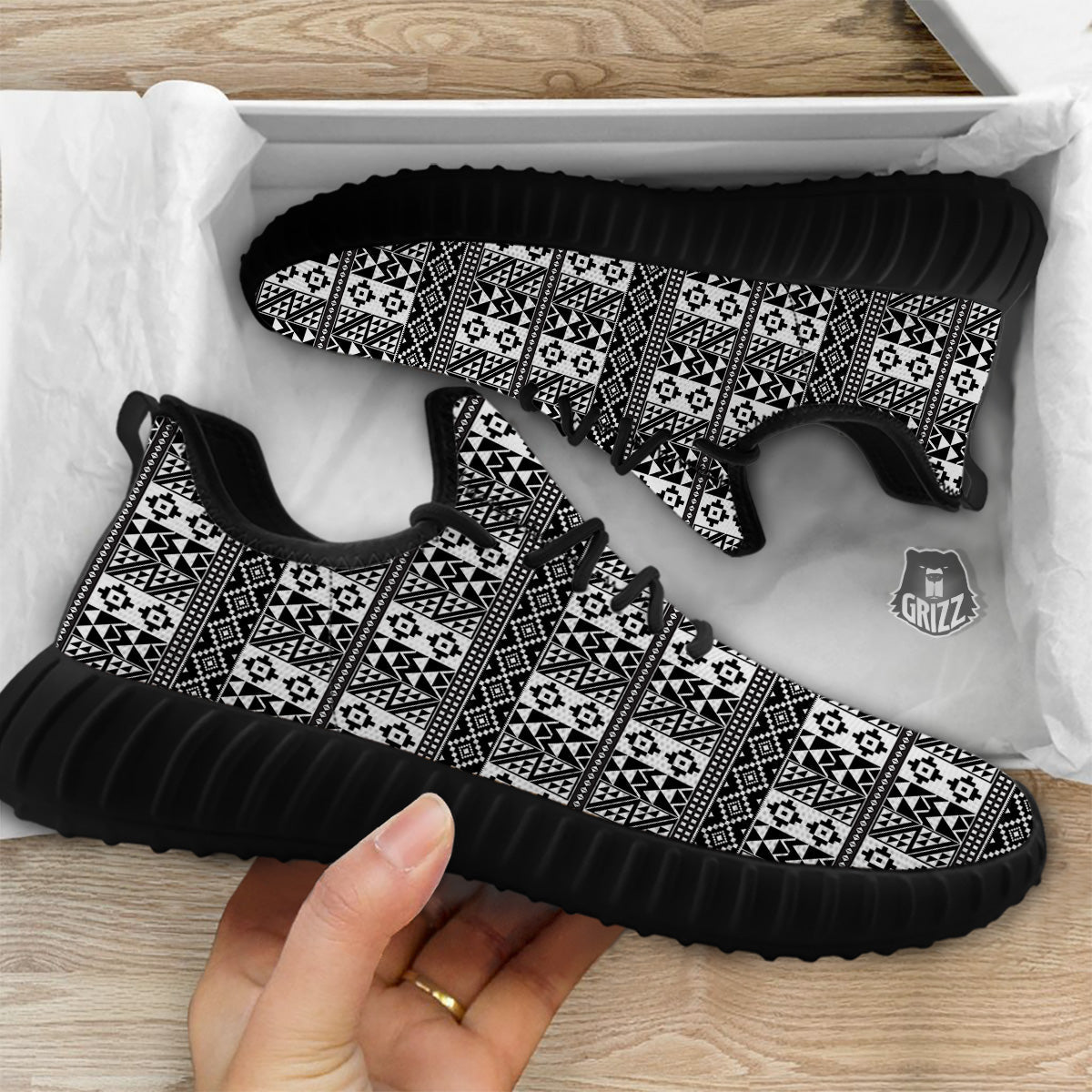 African Inspired White And Black Print Black Walking Shoes-grizzshop