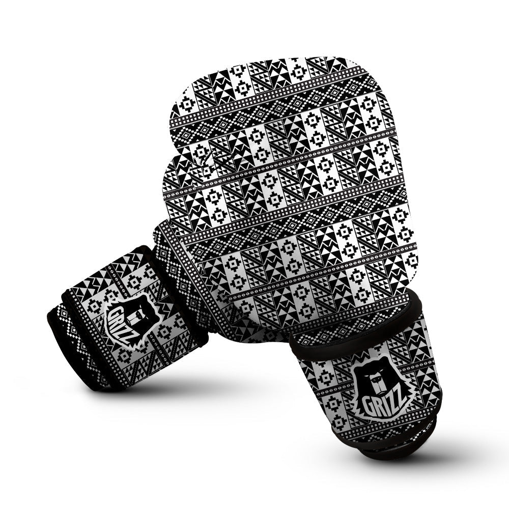 African Inspired White And Black Print Boxing Gloves-grizzshop