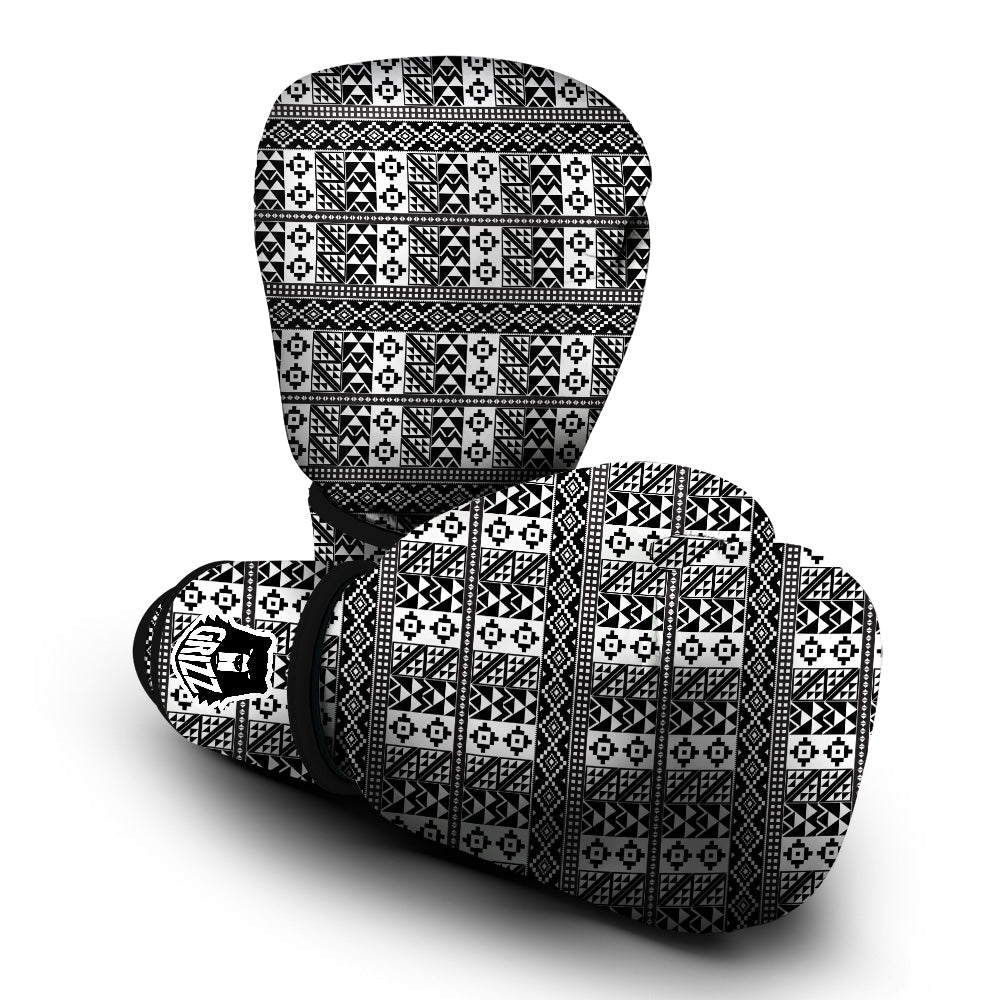 African Inspired White And Black Print Boxing Gloves-grizzshop