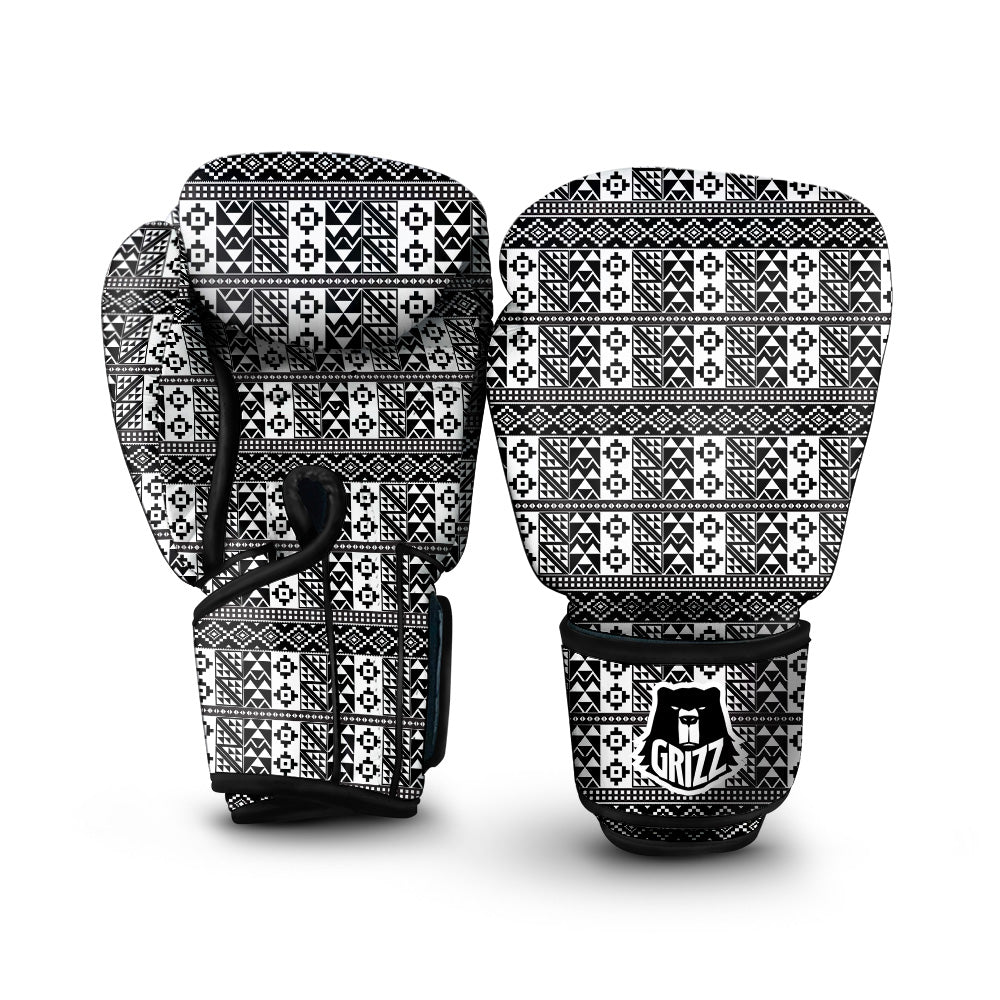 African Inspired White And Black Print Boxing Gloves-grizzshop