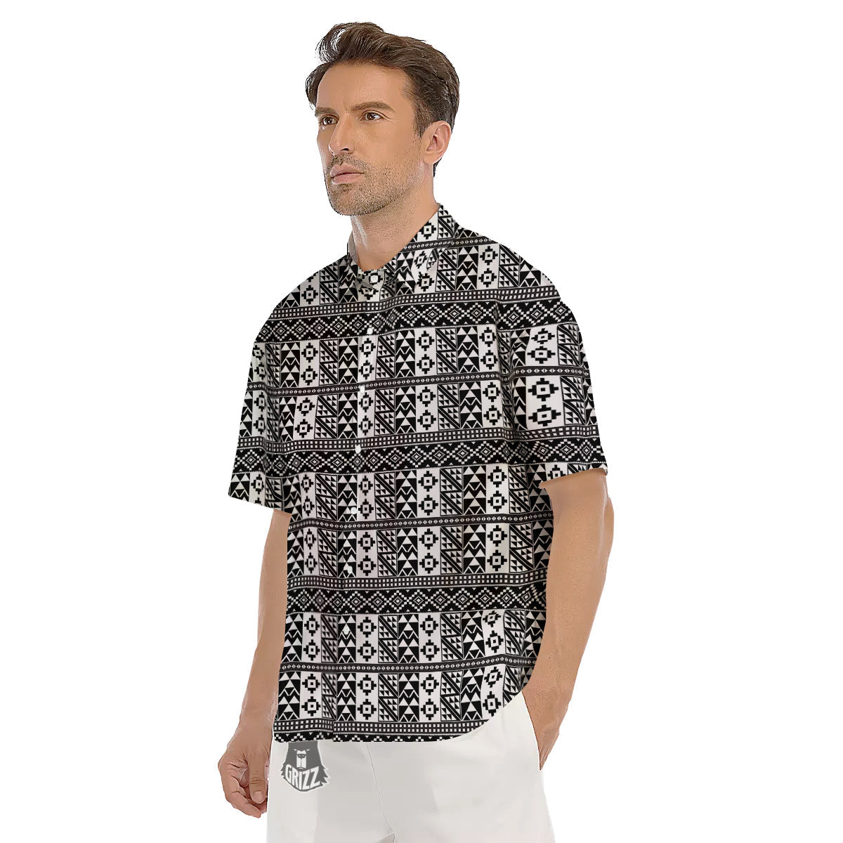 African Inspired White And Black Print Men's Short Sleeve Shirts-grizzshop