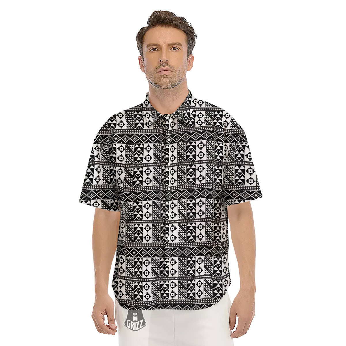 African Inspired White And Black Print Men's Short Sleeve Shirts-grizzshop