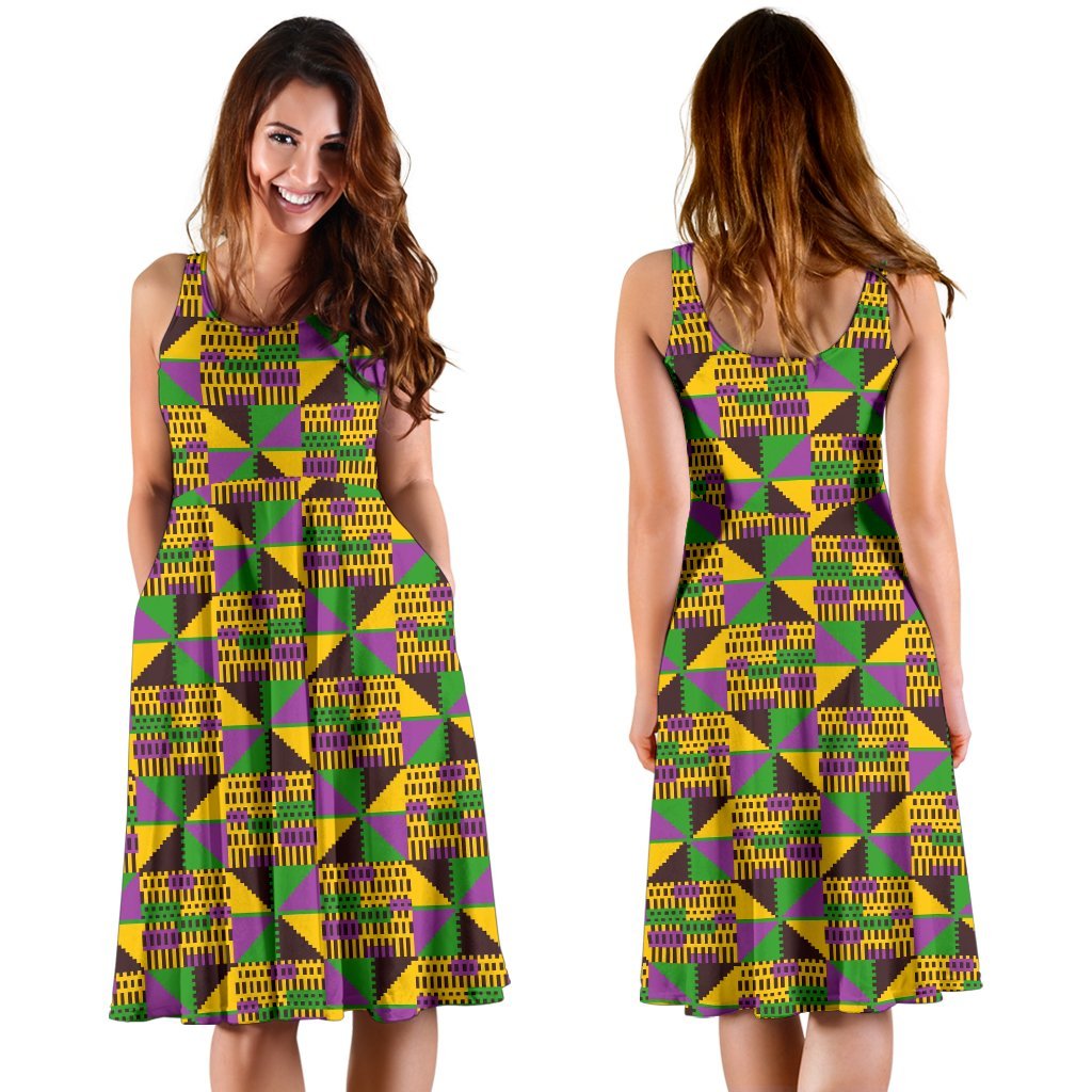 African Kente Pattern Print Dress-grizzshop