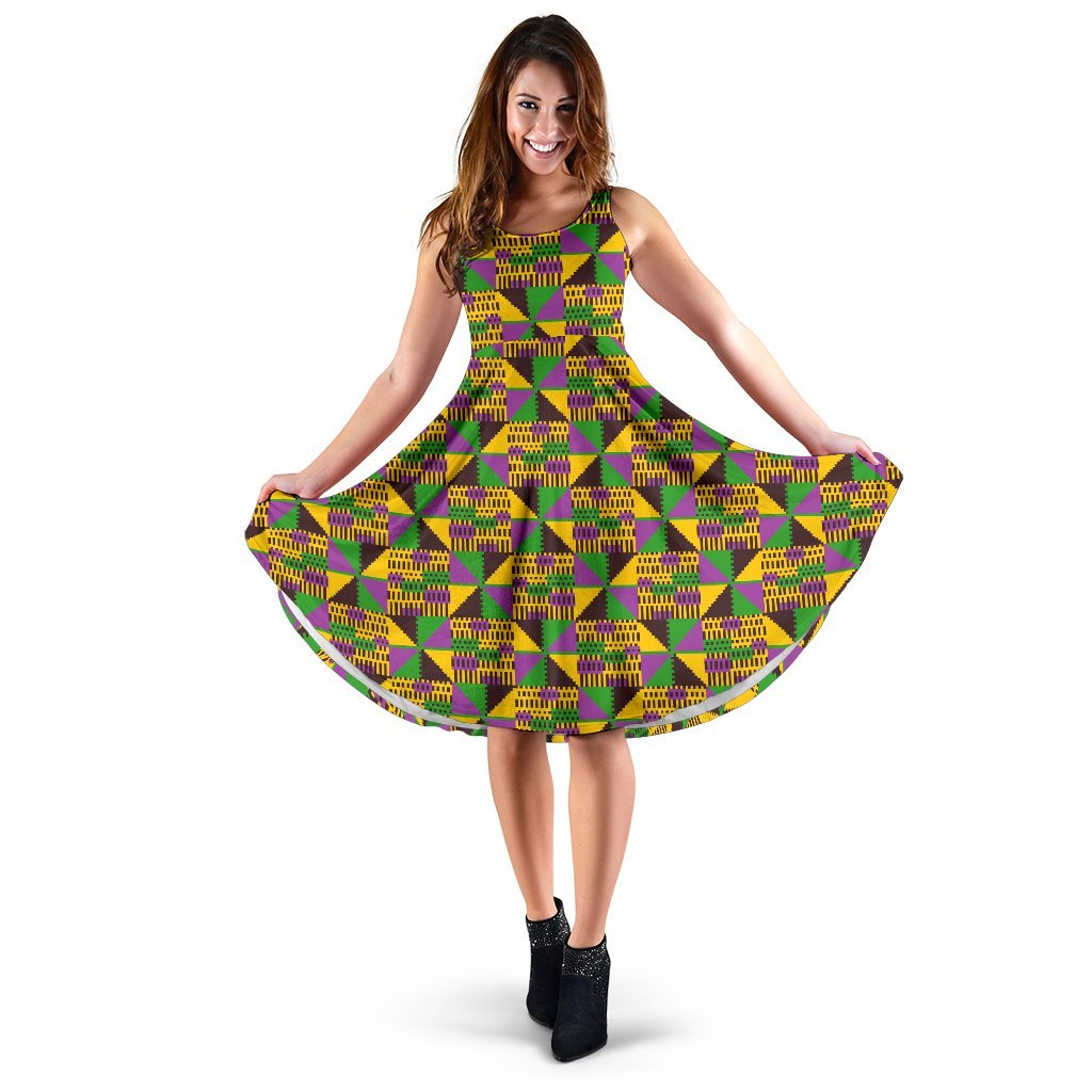 African Kente Pattern Print Dress-grizzshop