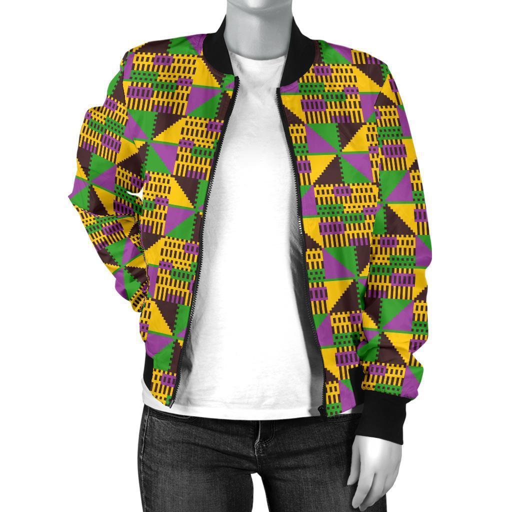 African Kente Pattern Print Women Casual Bomber Jacket-grizzshop