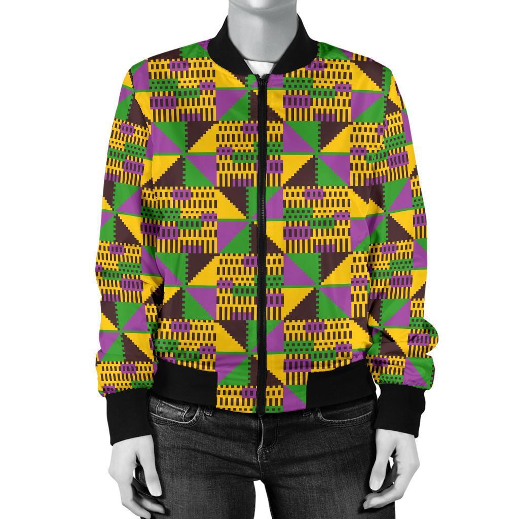 African Kente Pattern Print Women Casual Bomber Jacket-grizzshop